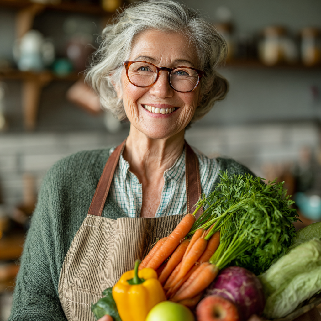 Happy elderly woman smiling while holding fresh vegetables and fruits in a bright kitchen
