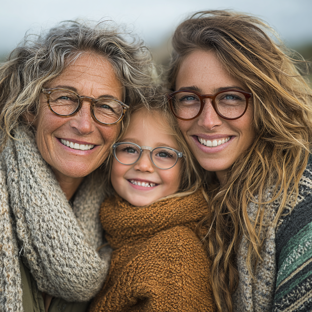 Multi-generational family including grandmother, mother and young child all wearing glasses and smiling together outdoors in natural lighting