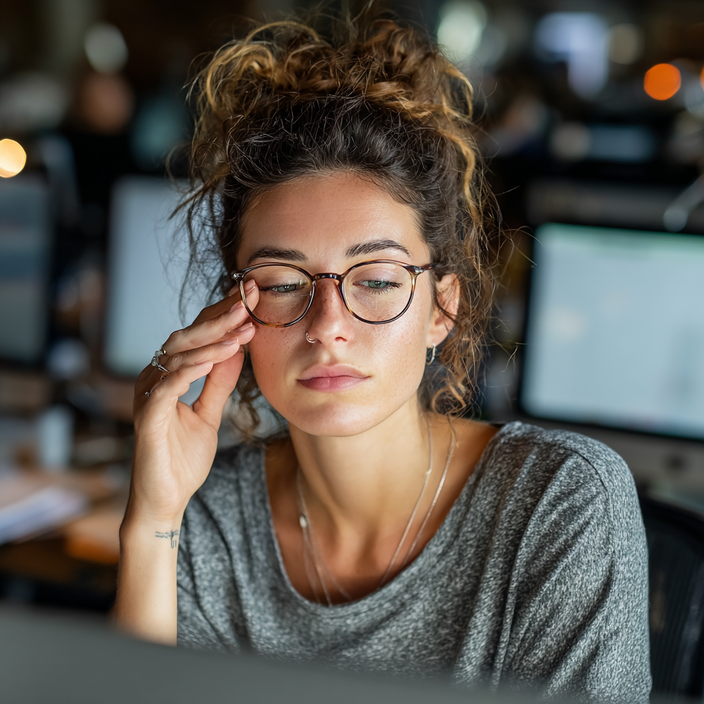 Young professional woman doing eye exercises at her modern office desk, focusing on computer screen with proper posture